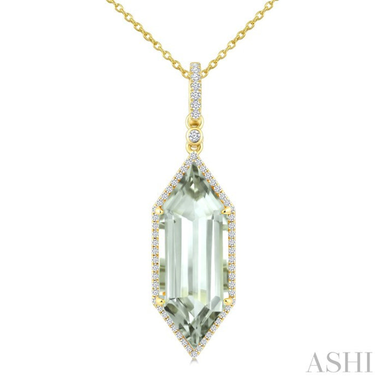 22X8 MM Evoque Gemstone Hexagon Shape Green Amethyst and 1/4 Ctw Round Cut Diamond Semi-Precious Pendant With Chain in 14K Yellow Gold