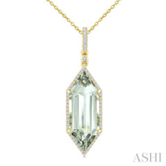 22X8 MM Evoque Gemstone Hexagon Shape Green Amethyst and 1/4 Ctw Round Cut Diamond Semi-Precious Pendant With Chain in 14K Yellow Gold