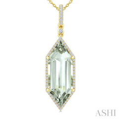 22X8 MM Evoque Gemstone Hexagon Shape Green Amethyst and 1/4 Ctw Round Cut Diamond Semi-Precious Pendant With Chain in 14K Yellow Gold