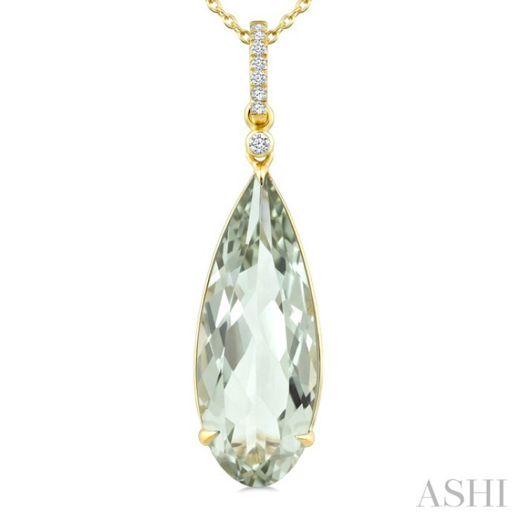 22X8 MM Evoque Gemstone Pear Shape Green Amethyst and 1/20 Ctw Round Cut Diamond Semi-Precious Pendant With Chain in 14K Yellow Gold