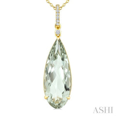 22X8 MM Evoque Gemstone Pear Shape Green Amethyst and 1/20 Ctw Round Cut Diamond Semi-Precious Pendant With Chain in 14K Yellow Gold