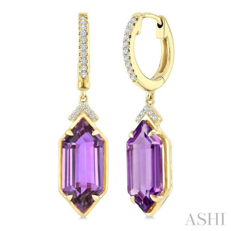 14X6 MM Evoque Gemstones Hexagon Shape Amethyst and 1/6 Ctw Round Cut Diamond Semi-Precious Earrings in 14K Yellow Gold