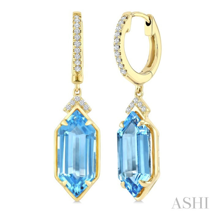 14X6 MM Evoque Gemstones Hexagon Shape Blue Topaz and 1/6 Ctw Round Cut Diamond Semi-Precious Earrings in 14K Yellow Gold
