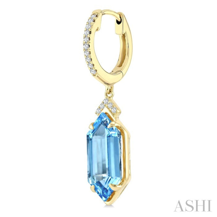 14X6 MM Evoque Gemstones Hexagon Shape Blue Topaz and 1/6 Ctw Round Cut Diamond Semi-Precious Earrings in 14K Yellow Gold
