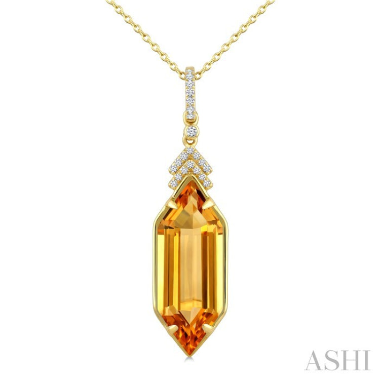 22X8 MM Evoque Gemstone Hexagon Shape Citrine and 1/10 Ctw Round Cut Diamond Semi-Precious Pendant With Chain in 14K Yellow Gold