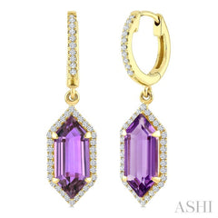 12X5 MM Evoque Gemstones Hexagon Shape Amethyst and 1/3 Ctw Round Cut Diamond Semi-Precious Earrings in 10K Yellow Gold