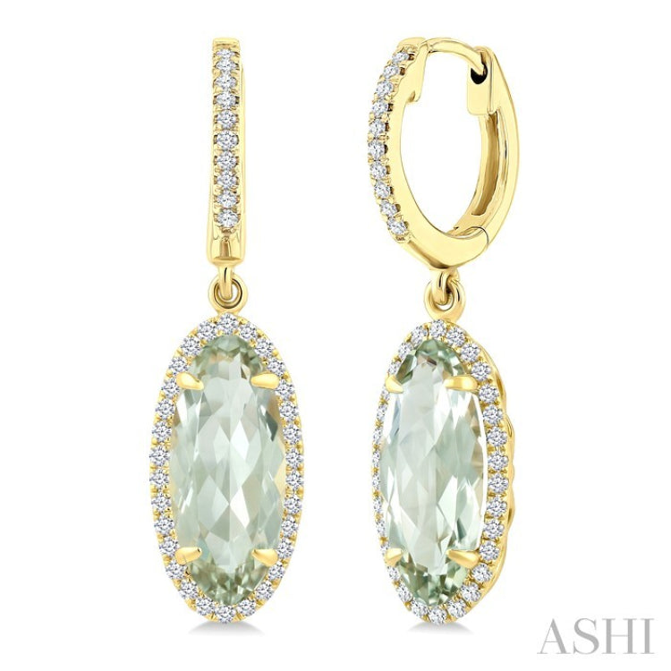 12X5 MM Evoque Gemstones Oval Shape Green Amethyst and 1/3 Ctw Round Cut Diamond Semi-Precious Earrings in 10K Yellow Gold