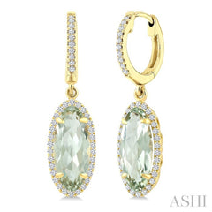12X5 MM Evoque Gemstones Oval Shape Green Amethyst and 1/3 Ctw Round Cut Diamond Semi-Precious Earrings in 10K Yellow Gold