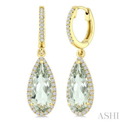 12X5 MM Evoque Gemstones Pear Shape Green Amethyst and 1/3 Ctw Round Cut Diamond Semi-Precious Earrings in 10K Yellow Gold
