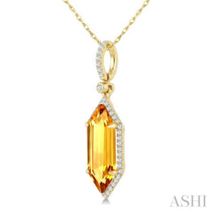16X6 MM Evoque Gemstone Hexagon Shape Citrine and 1/5 Ctw Round Cut Diamond Semi-Precious Pendant With Chain in 10K Yellow Gold