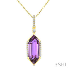 16X6 MM Evoque Gemstones Hexagon Shape Amethyst and 1/10 Ctw Round Cut Diamond Semi-Precious Pendant With Chain in 10K Yellow Gold