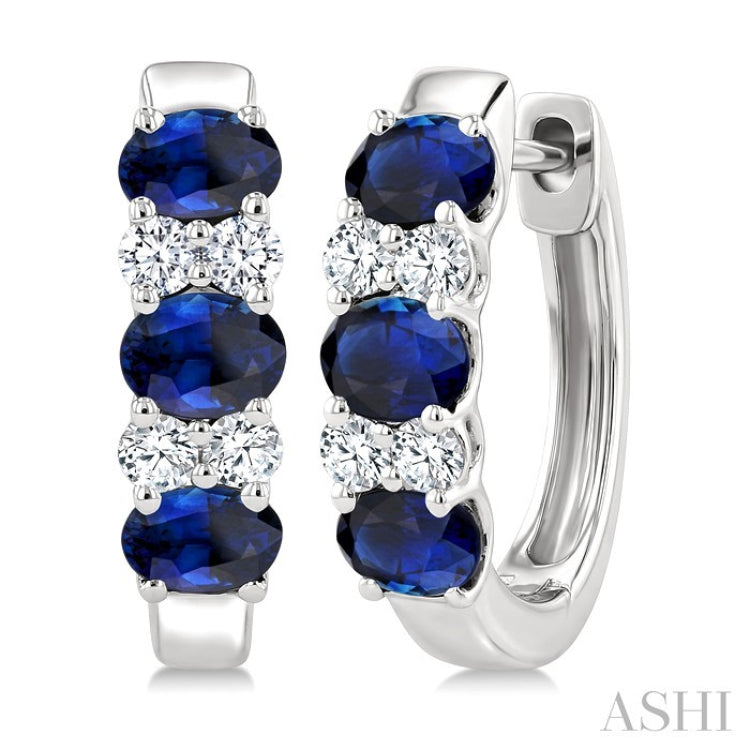 4X3 Oval Shape sapphire and 1/4 Ctw Round Cut Diamond Precious Hoop Earrings in 10K White Gold