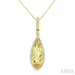 16X6 MM Evoque Gemstones Pear Shape Lemon Quartz and 1/5 Ctw Round Cut Diamond Semi-Precious Pendant With Chain in 10K Yellow Gold