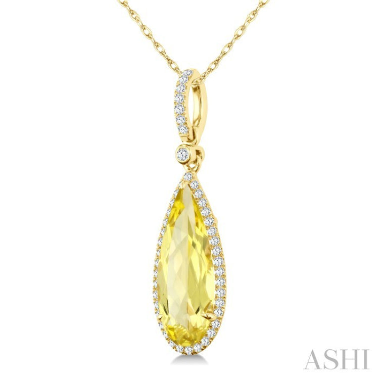 16X6 MM Evoque Gemstones Pear Shape Lemon Quartz and 1/5 Ctw Round Cut Diamond Semi-Precious Pendant With Chain in 10K Yellow Gold