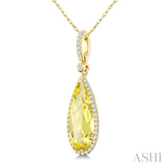 16X6 MM Evoque Gemstones Pear Shape Lemon Quartz and 1/5 Ctw Round Cut Diamond Semi-Precious Pendant With Chain in 10K Yellow Gold