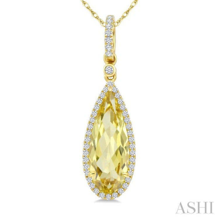 16X6 MM Evoque Gemstones Pear Shape Lemon Quartz and 1/5 Ctw Round Cut Diamond Semi-Precious Pendant With Chain in 10K Yellow Gold