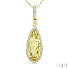 16X6 MM Evoque Gemstones Pear Shape Lemon Quartz and 1/5 Ctw Round Cut Diamond Semi-Precious Pendant With Chain in 10K Yellow Gold