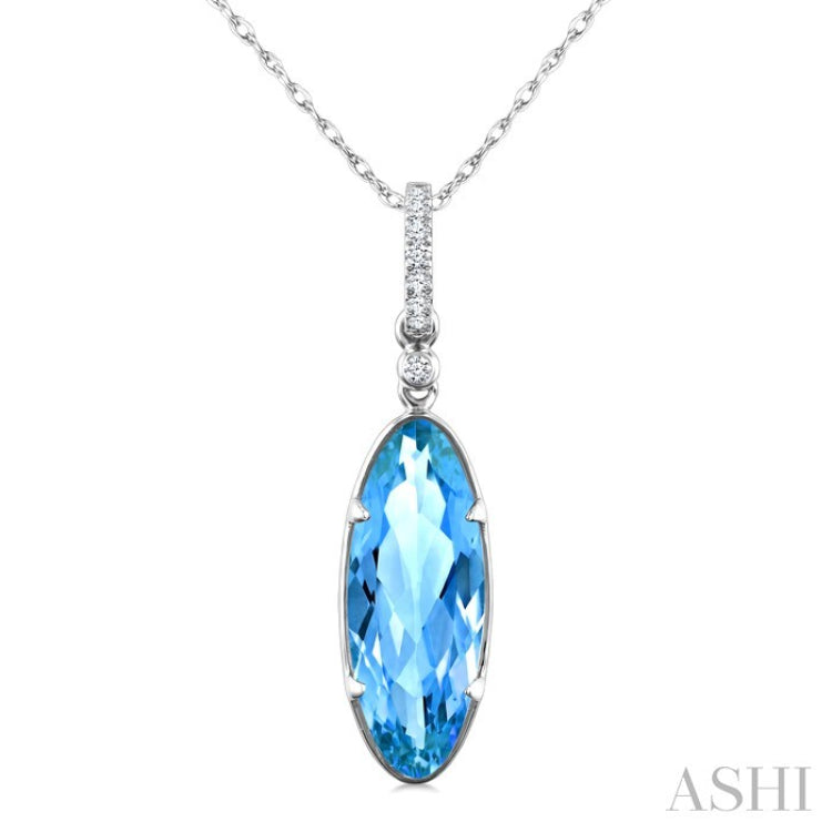 16X6 MM Evoque Gemstones Oval Shape Blue Topaz and 1/20 Ctw Round Cut Diamond Semi-Precious Pendant With Chain in 10K White Gold