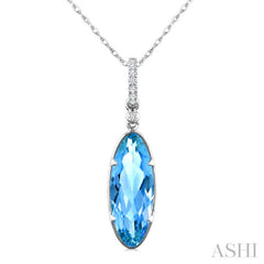 16X6 MM Evoque Gemstones Oval Shape Blue Topaz and 1/20 Ctw Round Cut Diamond Semi-Precious Pendant With Chain in 10K White Gold