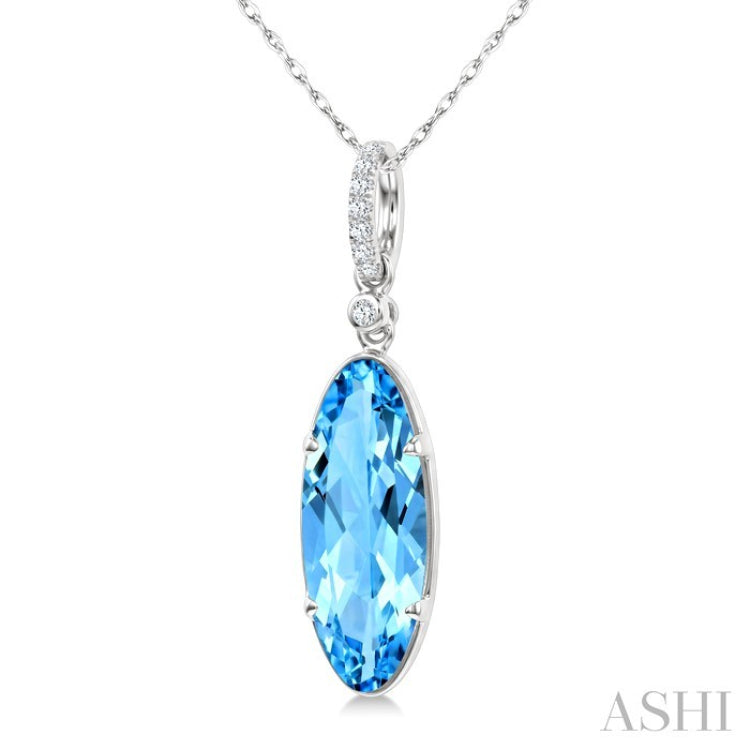 16X6 MM Evoque Gemstones Oval Shape Blue Topaz and 1/20 Ctw Round Cut Diamond Semi-Precious Pendant With Chain in 10K White Gold