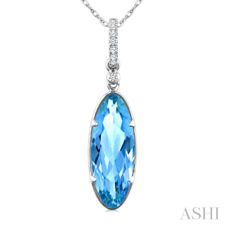 16X6 MM Evoque Gemstones Oval Shape Blue Topaz and 1/20 Ctw Round Cut Diamond Semi-Precious Pendant With Chain in 10K White Gold