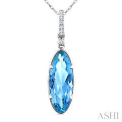 16X6 MM Evoque Gemstones Oval Shape Blue Topaz and 1/20 Ctw Round Cut Diamond Semi-Precious Pendant With Chain in 10K White Gold