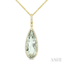 22X8 MM Evoque Gemstone Pear Shape Green Amethyst and 1/4 Ctw Round Cut Diamond Semi-Precious Pendant With Chain in 14K Yellow Gold