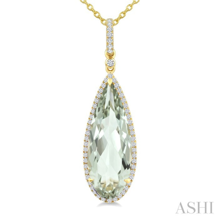 22X8 MM Evoque Gemstone Pear Shape Green Amethyst and 1/4 Ctw Round Cut Diamond Semi-Precious Pendant With Chain in 14K Yellow Gold