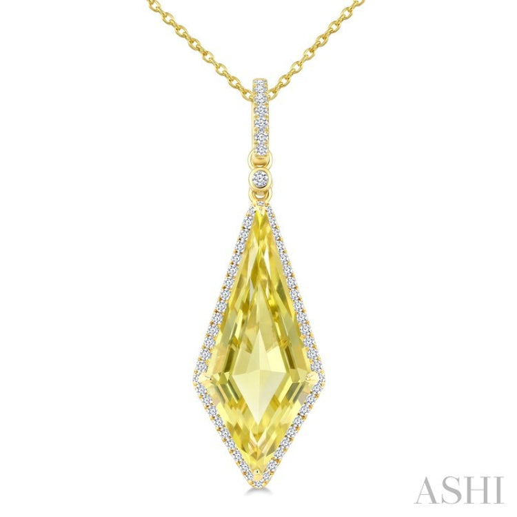 22X9 MM Evoque Gemstones Kite Shape Lemon Quartz and 1/4 Ctw Round Cut Diamond Semi-Precious Pendant With Chain in 14K Yellow Gold
