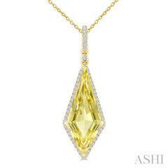 22X9 MM Evoque Gemstones Kite Shape Lemon Quartz and 1/4 Ctw Round Cut Diamond Semi-Precious Pendant With Chain in 14K Yellow Gold