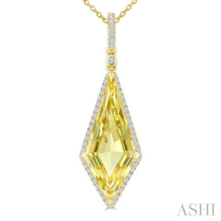 22X9 MM Evoque Gemstones Kite Shape Lemon Quartz and 1/4 Ctw Round Cut Diamond Semi-Precious Pendant With Chain in 14K Yellow Gold