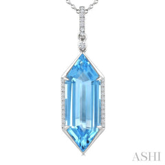 22X8 MM Evoque Gemstones Hexagon Shape Blue Topaz and 1/6 Ctw Round Cut Diamond Semi-Precious Pendant With Chain in 14K White Gold