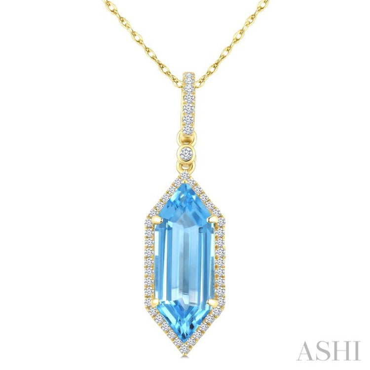 16X6 MM Evoque Gemstones Hexagon Shape Blue Topaz and 1/5 Ctw Round Cut Diamond Semi-Precious Pendant With Chain in 10K Yellow Gold