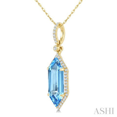 16X6 MM Evoque Gemstones Hexagon Shape Blue Topaz and 1/5 Ctw Round Cut Diamond Semi-Precious Pendant With Chain in 10K Yellow Gold