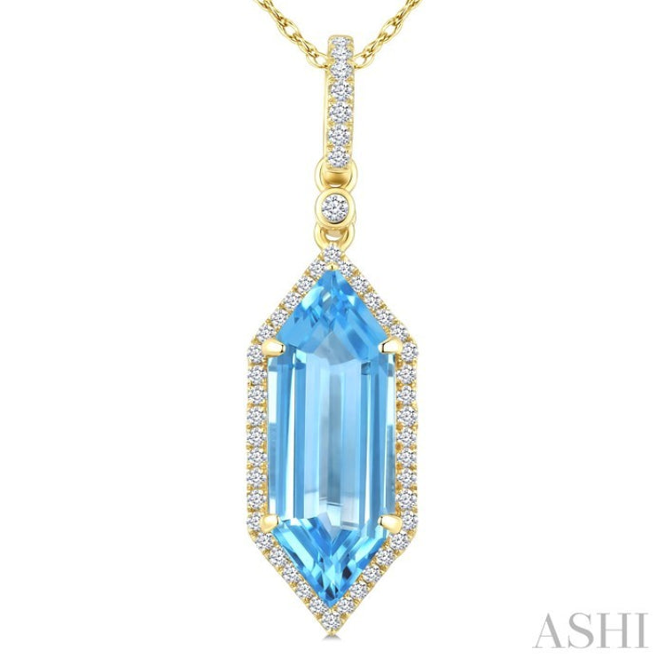 16X6 MM Evoque Gemstones Hexagon Shape Blue Topaz and 1/5 Ctw Round Cut Diamond Semi-Precious Pendant With Chain in 10K Yellow Gold