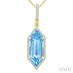 16X6 MM Evoque Gemstones Hexagon Shape Blue Topaz and 1/5 Ctw Round Cut Diamond Semi-Precious Pendant With Chain in 10K Yellow Gold