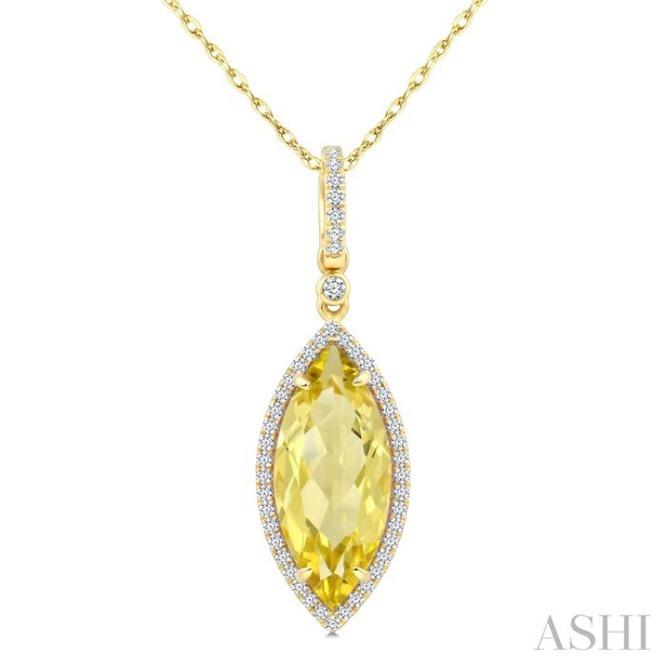 16X7 MM Evoque Gemstones Marquise Shape Lemon Quartz and 1/5 Ctw Round Cut Diamond Semi-Precious Pendant With Chain in 10K Yellow Gold