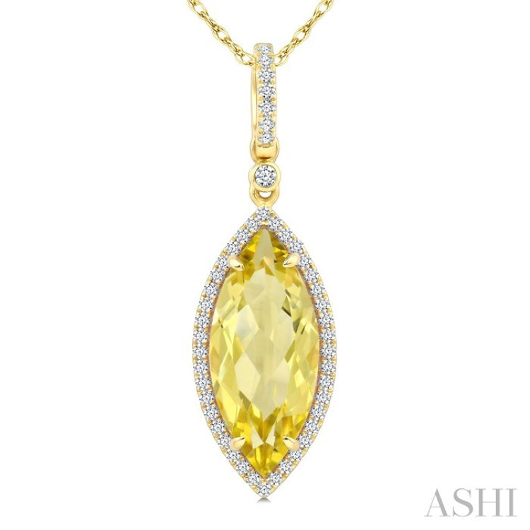 16X7 MM Evoque Gemstones Marquise Shape Lemon Quartz and 1/5 Ctw Round Cut Diamond Semi-Precious Pendant With Chain in 10K Yellow Gold