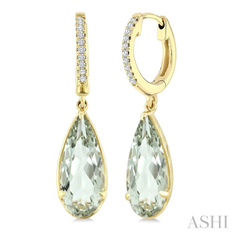 12X5 MM Evoque Gemstones Pear Shape Green Amethyst and 1/10 Ctw Round Cut Diamond Semi-Precious Earrings in 10K Yellow Gold
