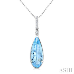 16X6 MM Evoque Gemstones Pear Shape Blue Topaz and 1/20 Ctw Round Cut Diamond Semi-Precious Pendant With Chain in 10K White Gold