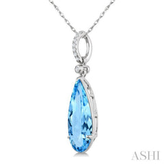 16X6 MM Evoque Gemstones Pear Shape Blue Topaz and 1/20 Ctw Round Cut Diamond Semi-Precious Pendant With Chain in 10K White Gold