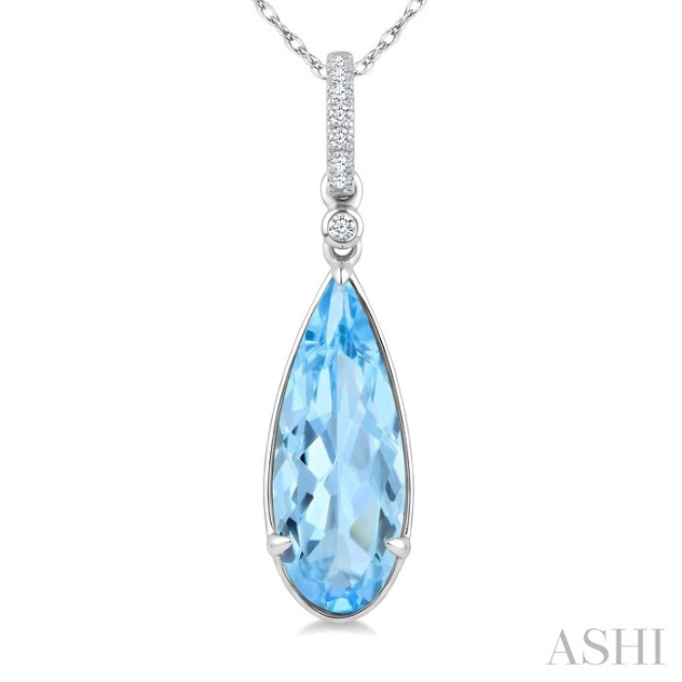 16X6 MM Evoque Gemstones Pear Shape Blue Topaz and 1/20 Ctw Round Cut Diamond Semi-Precious Pendant With Chain in 10K White Gold