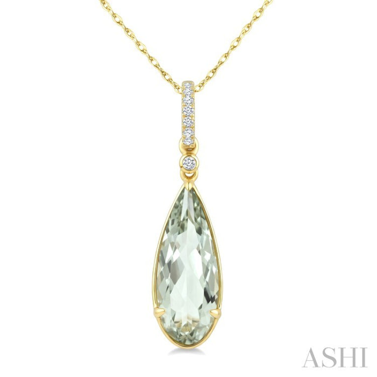 16X6 MM Evoque Gemstone Pear Shape Green Amethyst and 1/20 Ctw Round Cut Diamond Semi-Precious Pendant With Chain in 10K Yellow Gold
