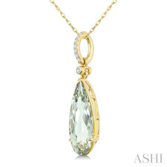 16X6 MM Evoque Gemstone Pear Shape Green Amethyst and 1/20 Ctw Round Cut Diamond Semi-Precious Pendant With Chain in 10K Yellow Gold