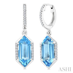 12X5 MM Evoque Gemstones Hexagon Shape Blue Topaz and 1/5 Ctw Round Cut Diamond Semi-Precious Earrings in 10K White Gold