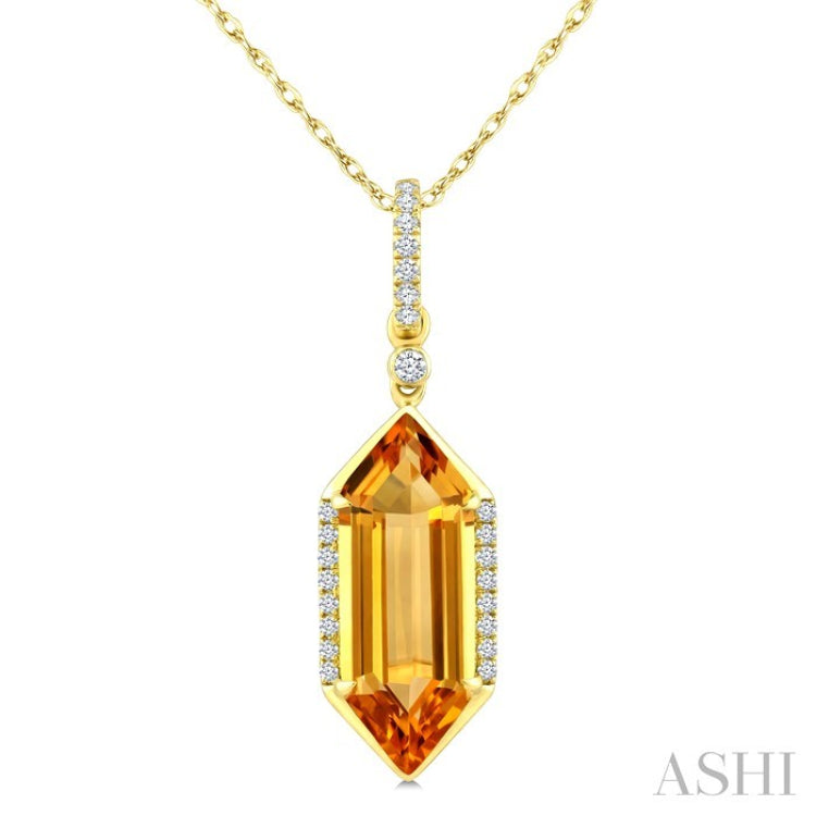 16X6 MM Evoque Gemstone Hexagon Shape Citrine and 1/10 Ctw Round Cut Diamond Semi-Precious Pendant With Chain in 10K Yellow Gold