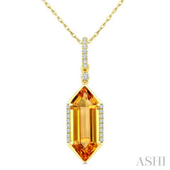 16X6 MM Evoque Gemstone Hexagon Shape Citrine and 1/10 Ctw Round Cut Diamond Semi-Precious Pendant With Chain in 10K Yellow Gold