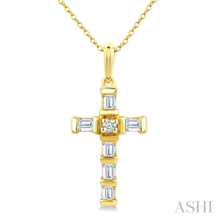1/20 Ctw Baguette and Round Cut Diamond  Cross Shape Fashion Pendant With Chain in 10K Yellow Gold