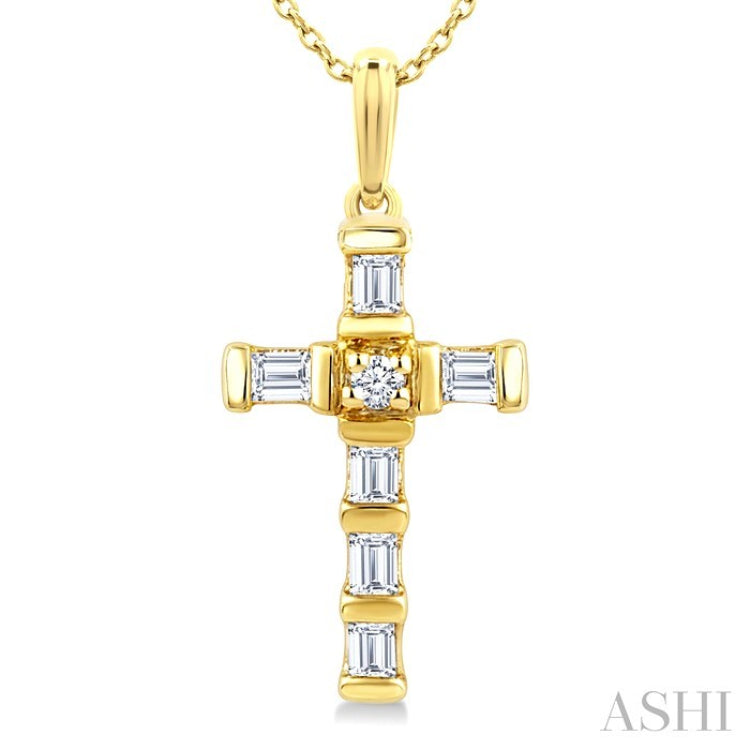 1/20 Ctw Baguette and Round Cut Diamond  Cross Shape Fashion Pendant With Chain in 10K Yellow Gold