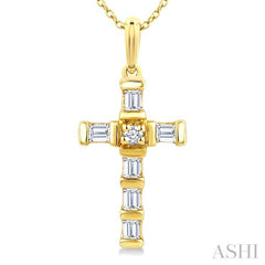 1/20 Ctw Baguette and Round Cut Diamond  Cross Shape Fashion Pendant With Chain in 10K Yellow Gold